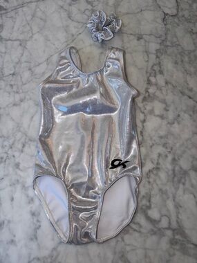 GK Silver Metallic Gymnastics Leotard with Matching Scrunchie CS